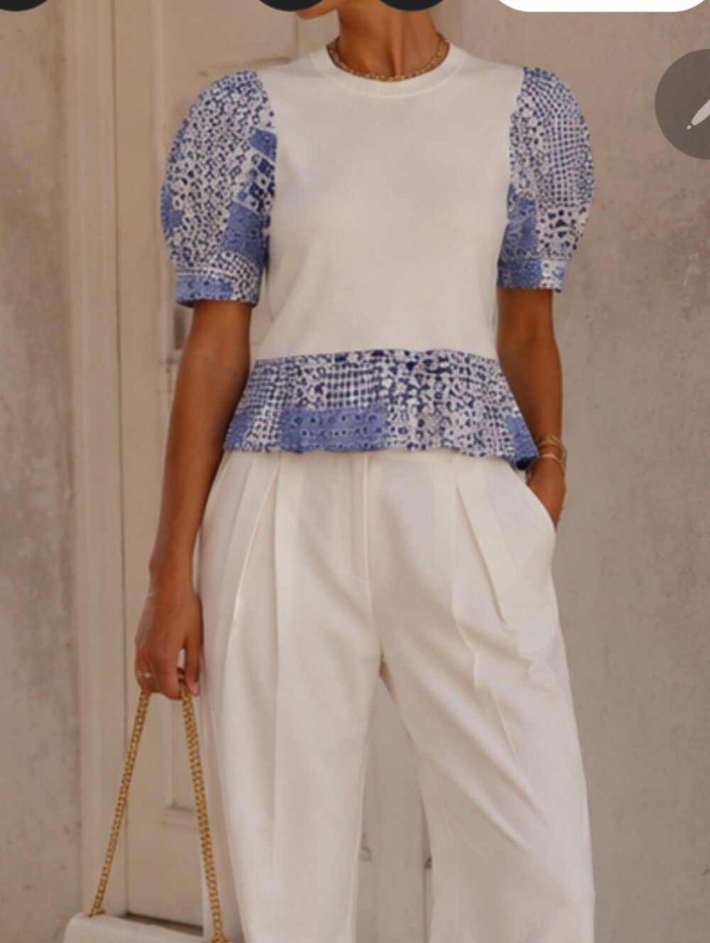 NWT English Factory x Avara White Knit Blue Floral Patchwork Puff Sleeve Peplum